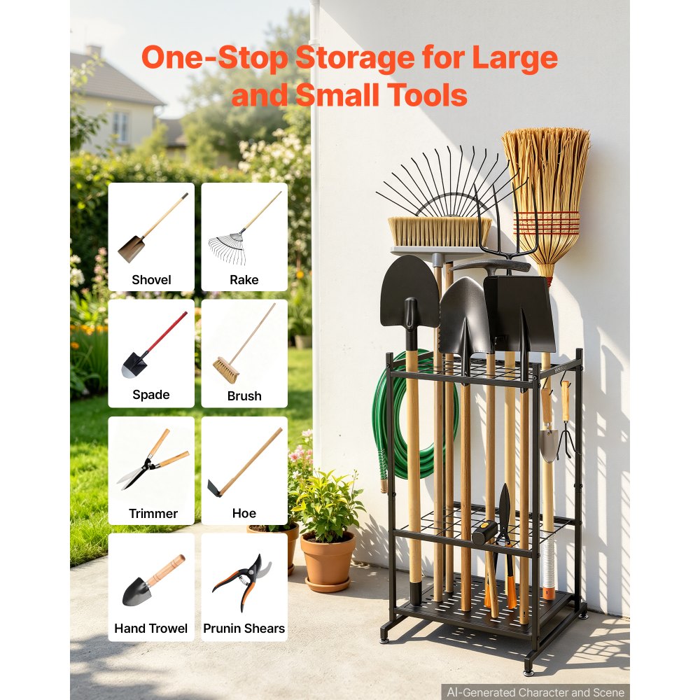 VEVOR Garden Tool Organizer, 35 Slots with Hooks, Metal Garage Storage Rack, for Rakes/Shovels/Brooms, Yard Utility Tool Holder for Shed/Outdoor/Lawn Organization, Heavy-Duty Steel, Freestanding,Black