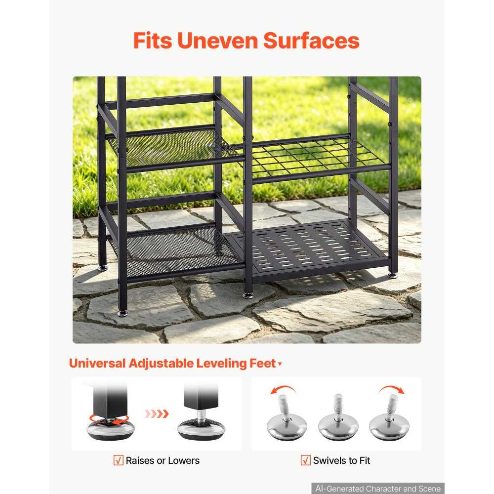 VEVOR Garden Tool Organizer with Guard Rail, 3-Tier Metal Storage Rack, for Rakes/Shovels/Brooms, Yard Utility Holder for Garage/Shed/Outdoor/Lawn Organization, Heavy-Duty Steel, with Hooks, Black
