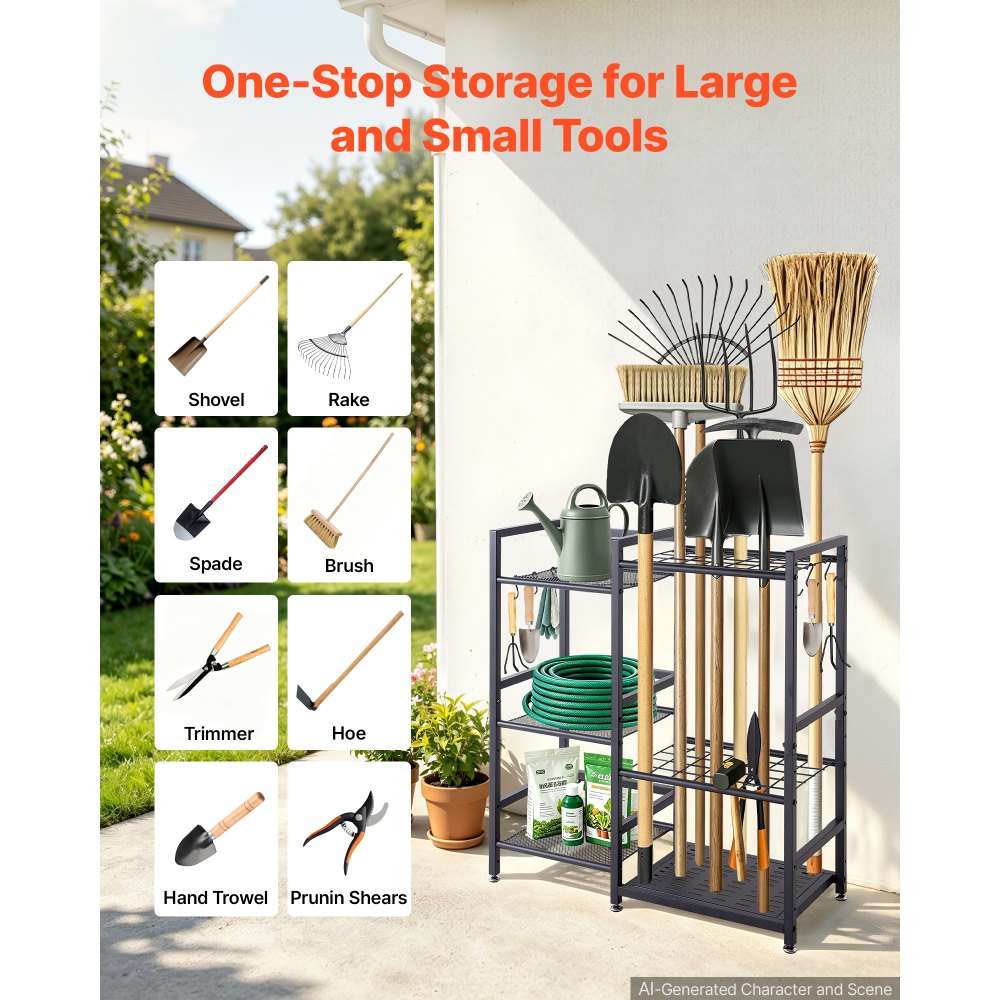 VEVOR Garden Tool Organizer with Guard Rail, 3-Tier Metal Storage Rack, for Rakes/Shovels/Brooms, Yard Utility Holder for Garage/Shed/Outdoor/Lawn Organization, Heavy-Duty Steel, with Hooks, Black