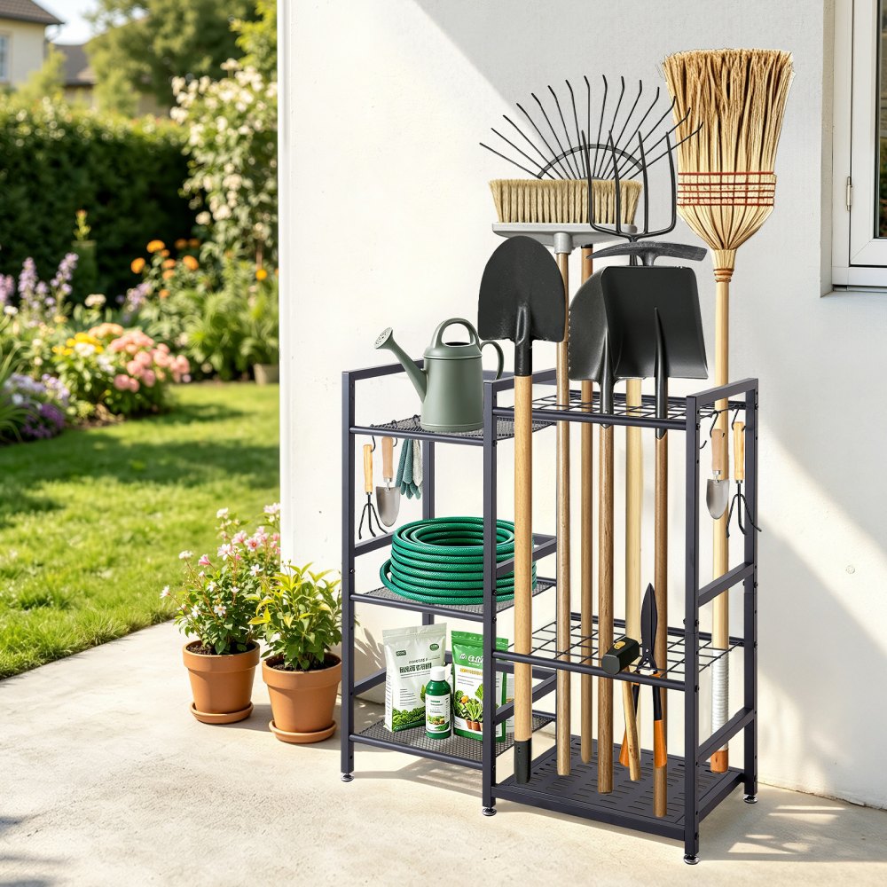 VEVOR Garden Tool Organizer with Guard Rail, 3-Tier Metal Storage Rack, for Rakes/Shovels/Brooms, Yard Utility Holder for Garage/Shed/Outdoor/Lawn Organization, Heavy-Duty Steel, with Hooks, Black