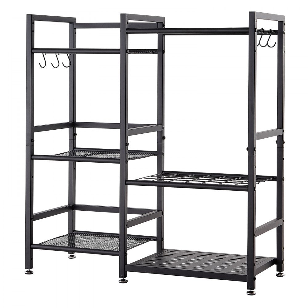 VEVOR Garden Tool Organizer with Guard Rail, 3-Tier Metal Storage Rack, for Rakes/Shovels/Brooms, Yard Utility Holder for Garage/Shed/Outdoor/Lawn Organization, Heavy-Duty Steel, with Hooks, Black