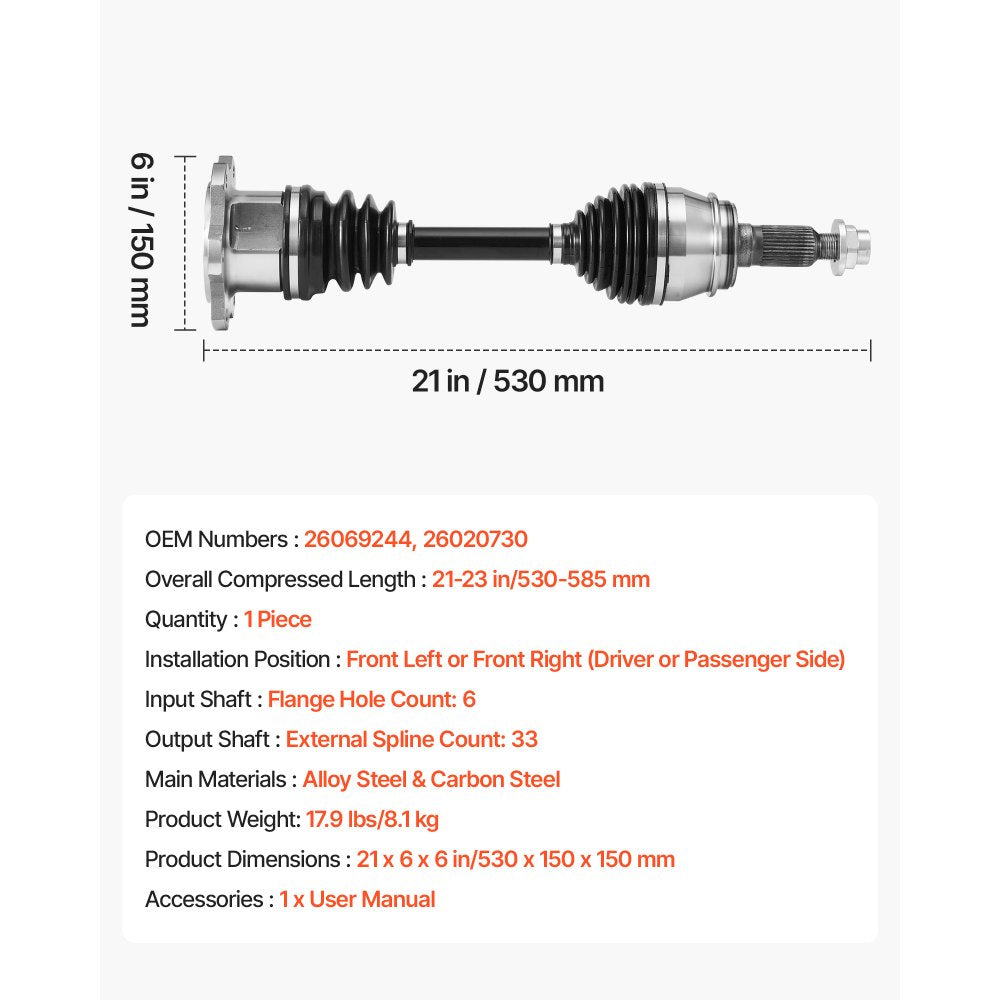 VEVOR CV Axle Shaft Assembly, Front Left or Right Side (Driver or Passenger Side), Automotive Replacement CV Joint Axle Compatible with 1999-2006 Chevrolet Silverado 1500, Alloy Steel & Carbon Steel