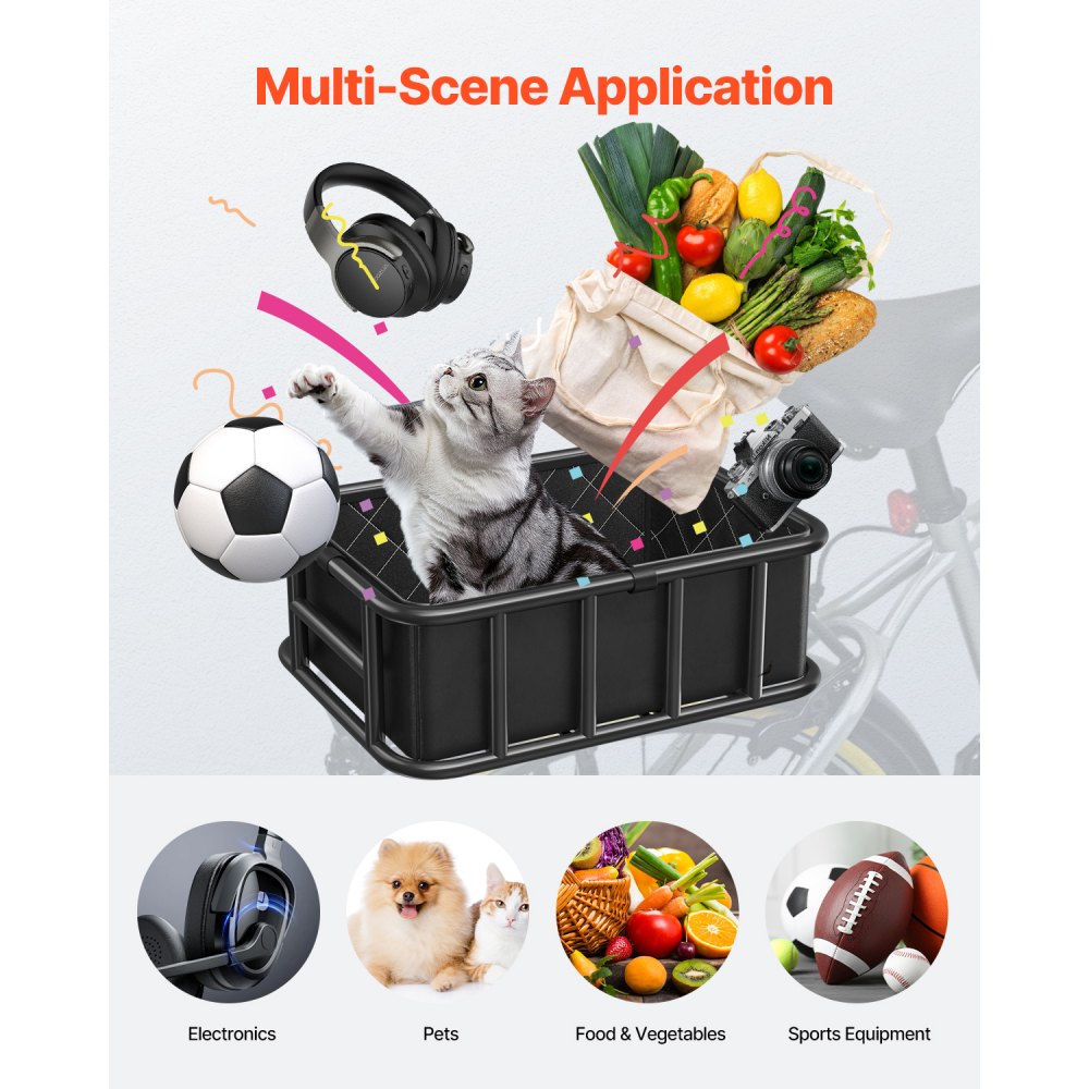 VEVOR Rear Bike Basket, Medium Bicycle Basket with Cargo Net, Liner & Waterproof Cover, Heavy Duty Bike Back Basket for Adult Women/Men Carrying Dogs, Pets, Fruit & Grocery, Mounting Tools Included