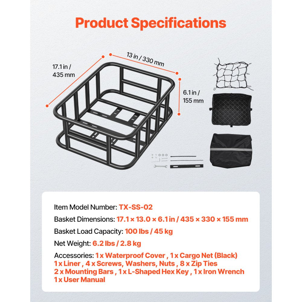 VEVOR Rear Bike Basket, Medium Bicycle Basket with Cargo Net, Liner & Waterproof Cover, Heavy Duty Bike Back Basket for Adult Women/Men Carrying Dogs, Pets, Fruit & Grocery, Mounting Tools Included