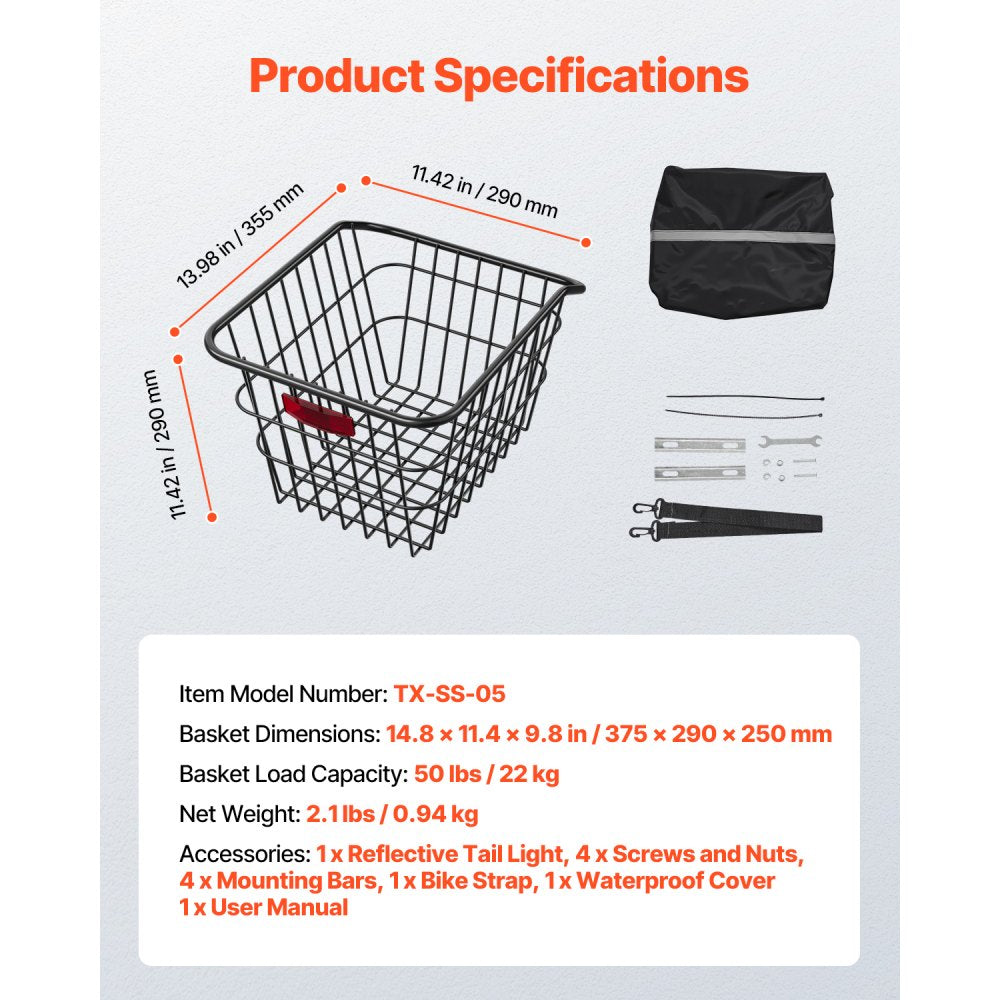 VEVOR Rear Bike Basket, Metal Wire Bicycle Basket with Reflective Tail Light & Waterproof Cover, Durable Bike Back Basket, Fits to Most Rear Bike Racks