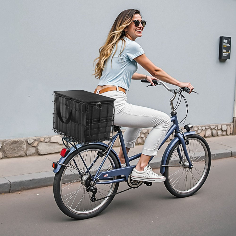 VEVOR Rear Bike Basket, Folding Wire Bicycle Basket with Cargo Net, Removable Liner Bag & Waterproof Cover, Quick Release Design Bike Basket for Adult Women/Men Carrying Dogs Pets Fruit & Grocery