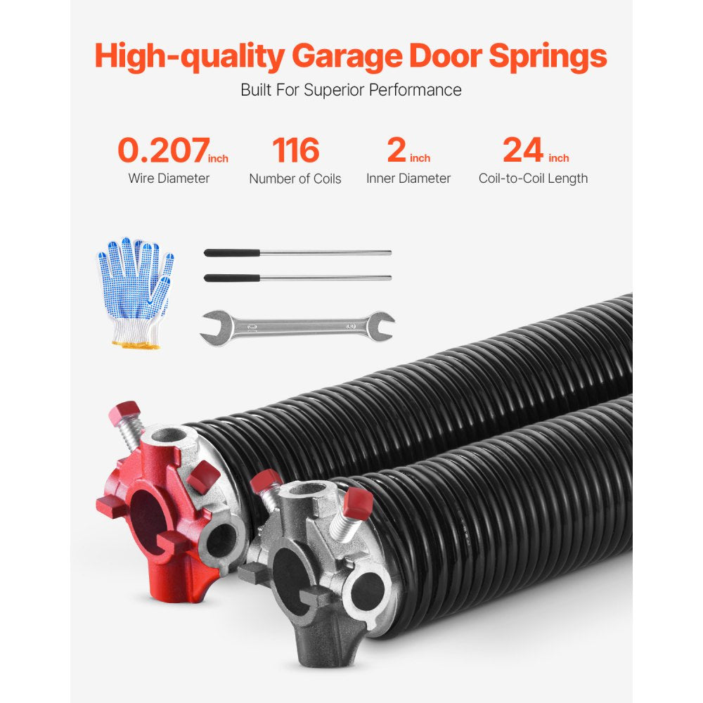 VEVOR Garage Door Torsion Springs, Pair of 0.207 x 2 x 24 in, 16000 Cycles, Electrophoresis Black Coated for Replacement, Garage Door Springs with Non-Slip Winding Bars, Gloves and Mounting Wrench