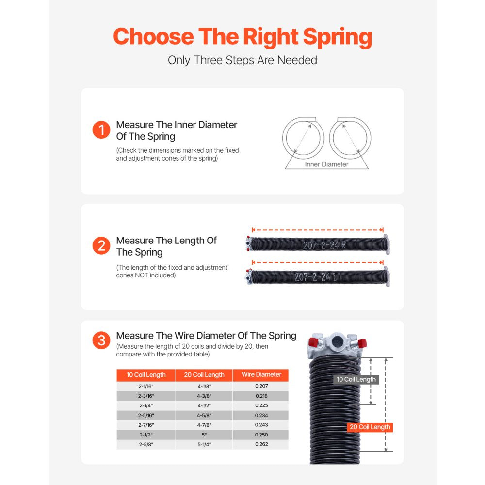 VEVOR Garage Door Torsion Springs, Pair of 0.207 x 2 x 24 in, 16000 Cycles, Electrophoresis Black Coated for Replacement, Garage Door Springs with Non-Slip Winding Bars, Gloves and Mounting Wrench