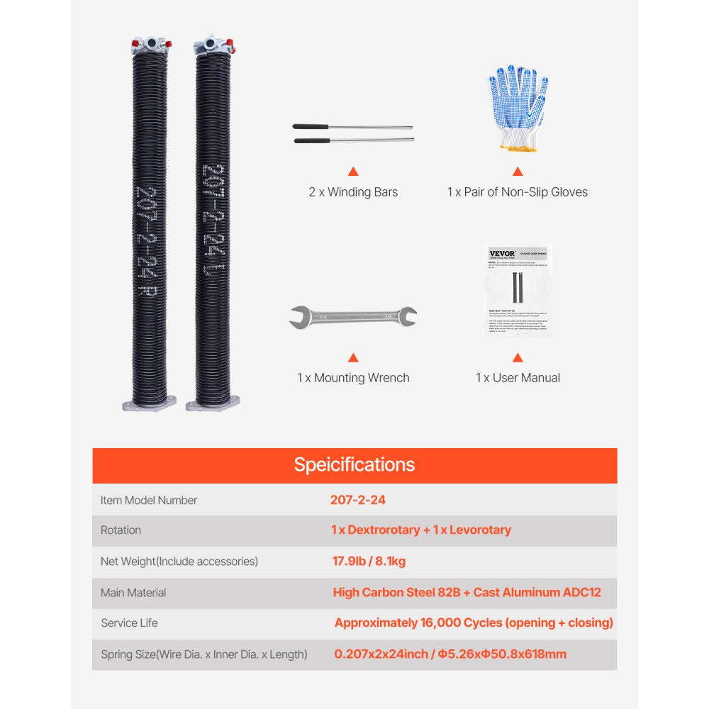 VEVOR Garage Door Torsion Springs, Pair of 0.207 x 2 x 24 in, 16000 Cycles, Electrophoresis Black Coated for Replacement, Garage Door Springs with Non-Slip Winding Bars, Gloves and Mounting Wrench