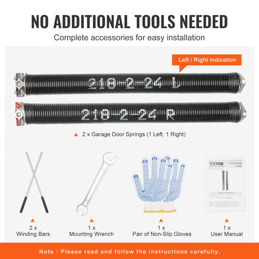 VEVOR Garage Door Torsion Springs, Pair of 0.218 x 2 x 24inch, Garage Door Springs with Non-Slip Winding Bars, 16000 Cycles, Gloves and Mounting Wrench, Electrophoresis Coated for Replacement