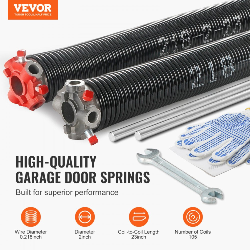 VEVOR Garage Door Torsion Springs, Pair of 0.218 x 2 x 23inch, Garage Door Springs with Non-Slip Winding Bars, 16000 Cycles, Gloves and Mounting Wrench, Electrophoresis Coated for Replacement
