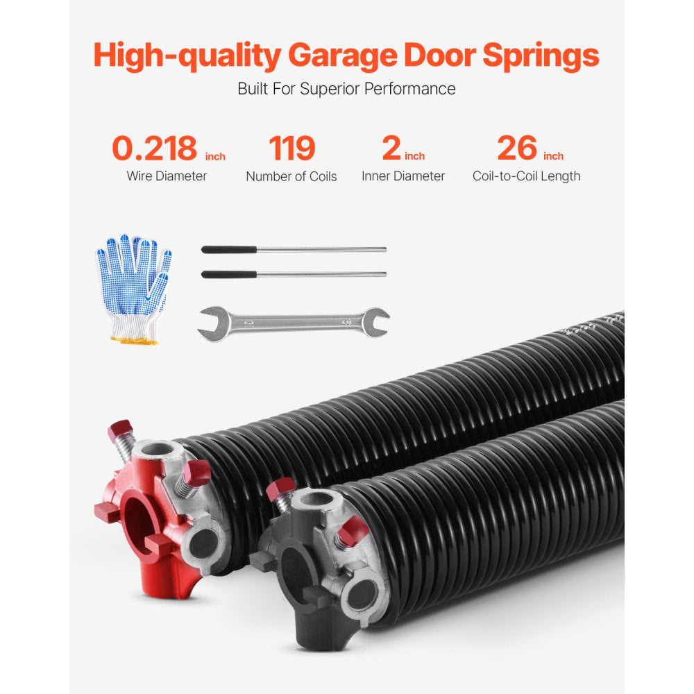 VEVOR Garage Door Torsion Springs, Pair of 0.218 x 2 x 26 in, 16000 Cycles, Electrophoresis Black Coated for Replacement, Garage Door Springs with Non-Slip Winding Bars, Gloves and Mounting Wrench