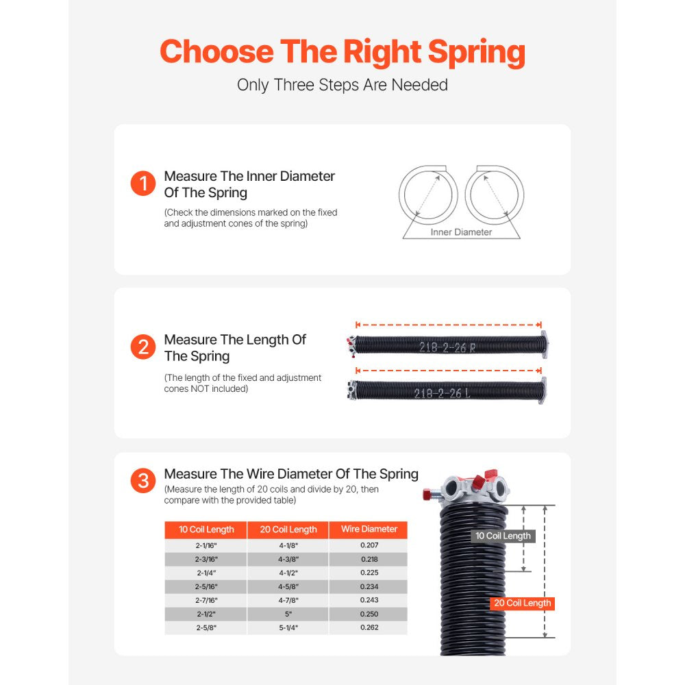 VEVOR Garage Door Torsion Springs, Pair of 0.218 x 2 x 26 in, 16000 Cycles, Electrophoresis Black Coated for Replacement, Garage Door Springs with Non-Slip Winding Bars, Gloves and Mounting Wrench