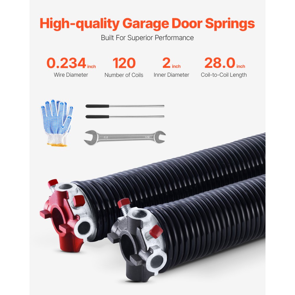 VEVOR Garage Door Torsion Springs, Pair of 0.234 x 2 x 28 in, 16000 Cycles, Electrophoresis Black Coated for Replacement, Garage Door Springs with Non-Slip Winding Bars, Gloves and Mounting Wrench