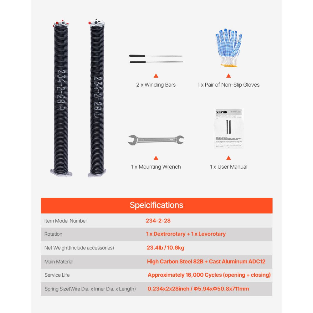 VEVOR Garage Door Torsion Springs, Pair of 0.234 x 2 x 28 in, 16000 Cycles, Electrophoresis Black Coated for Replacement, Garage Door Springs with Non-Slip Winding Bars, Gloves and Mounting Wrench