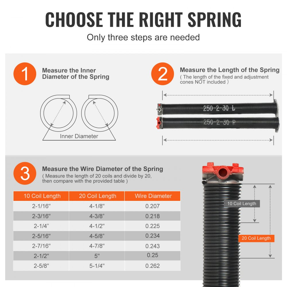 VEVOR Garage Door Torsion Springs, 16000 Cycles, Pair of 0.25 x 2 x 30inch, Garage Door Springs with Non-Slip Winding Bars, Mounting Tool and Gloves, Electrophoresis Coated, for Replacement