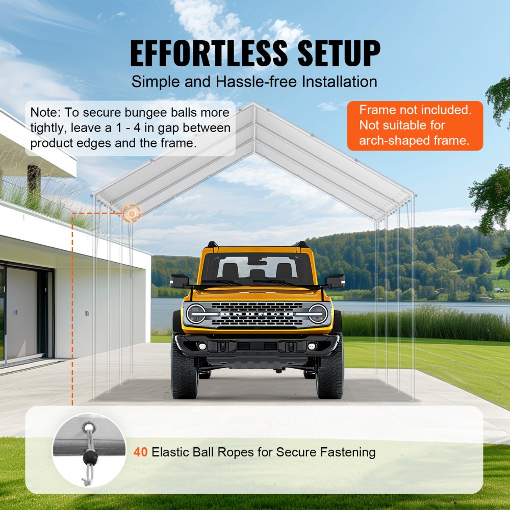 VEVOR 10 x 20 ft Carport Replacement Canopy Cover, Garage Top Tent Shelter Tarp Heavy-Duty Waterproof & UV Protected, Easy Installation with 40 Ball Bungeess (Only Top Cover, Frame Not Include), White