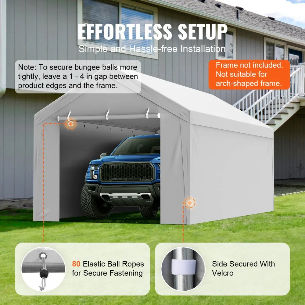 VEVOR Carport Replacement Canopy Cover Top + Side Wall 10 x 20 ft, Garage Tent Shelter Tarp Heavy-Duty Waterproof & UV Protected, Easy Installation with Ball Bungees,Grey (Frame Not Included)