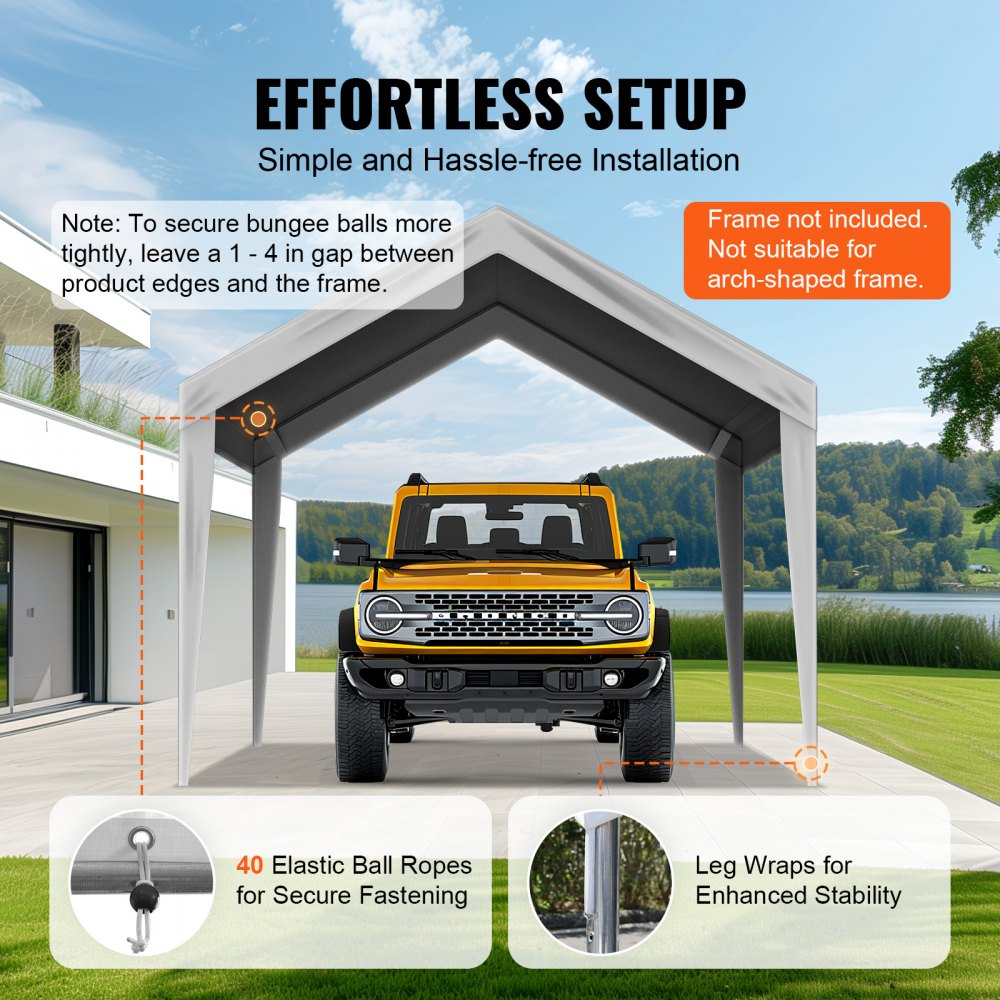 VEVOR Carport Replacement Canopy Cover 10 x 20 ft, Garage Top Tent Shelter Tarp Heavy-Duty Waterproof & UV Protected, Easy Installation with Ball Bungees,Grey (Only Top Cover, Frame Not Include)