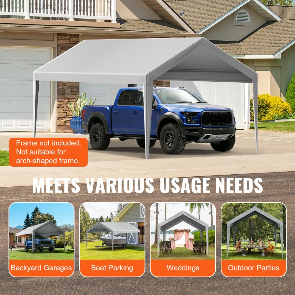 VEVOR Carport Replacement Canopy Cover 10 x 20 ft, Garage Top Tent Shelter Tarp Heavy-Duty Waterproof & UV Protected, Easy Installation with Ball Bungees,Grey (Only Top Cover, Frame Not Include)