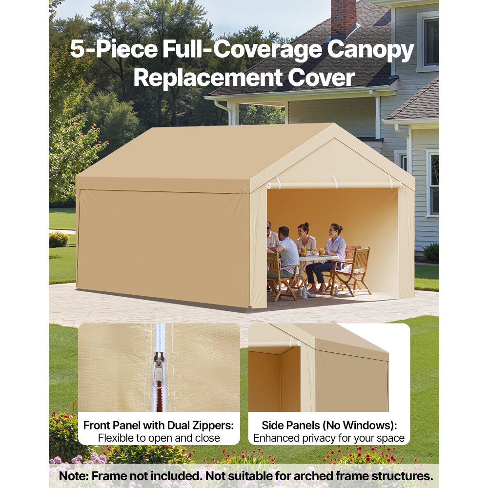 VEVOR Carport Replacement Canopy, 10 x 20 ft Potable Garage Tent Top Tarp with Sidewalls, UV-Resistant & Waterproof, Heavy Duty Car Shelter Tarp with Ball Buggees, Beige, Frame Not Included