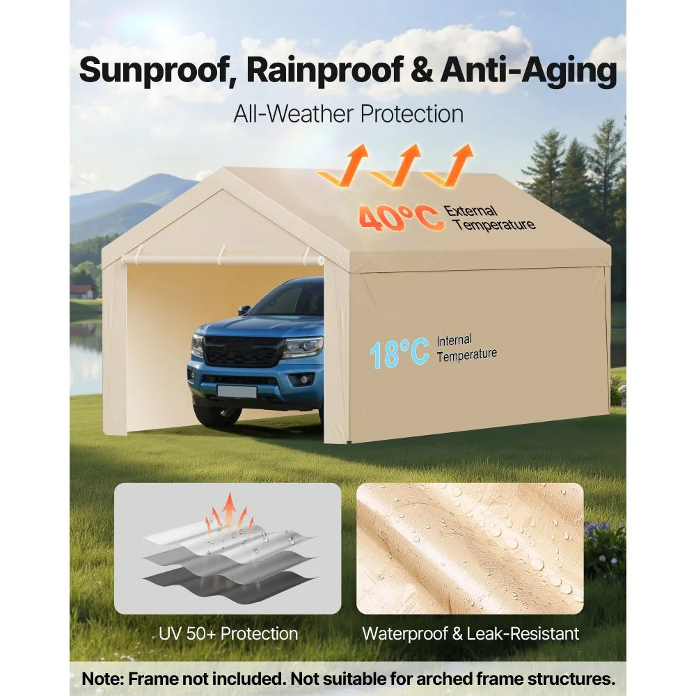 VEVOR Carport Replacement Canopy, 10 x 20 ft Potable Garage Tent Top Tarp with Sidewalls, UV-Resistant & Waterproof, Heavy Duty Car Shelter Tarp with Ball Buggees, Beige, Frame Not Included