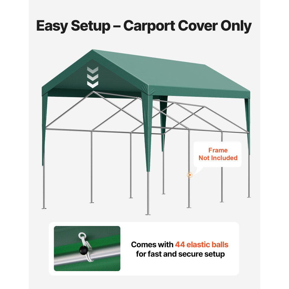 VEVOR Carport Replacement Canopy, 10 x 20 ft Potable Garage Tent Top Tarp, UV-Resistant & Waterproof Car Shelter Tarp, Heavy Duty Car Port Cover with Ball Buggees, Dark Green, Frame Not Included