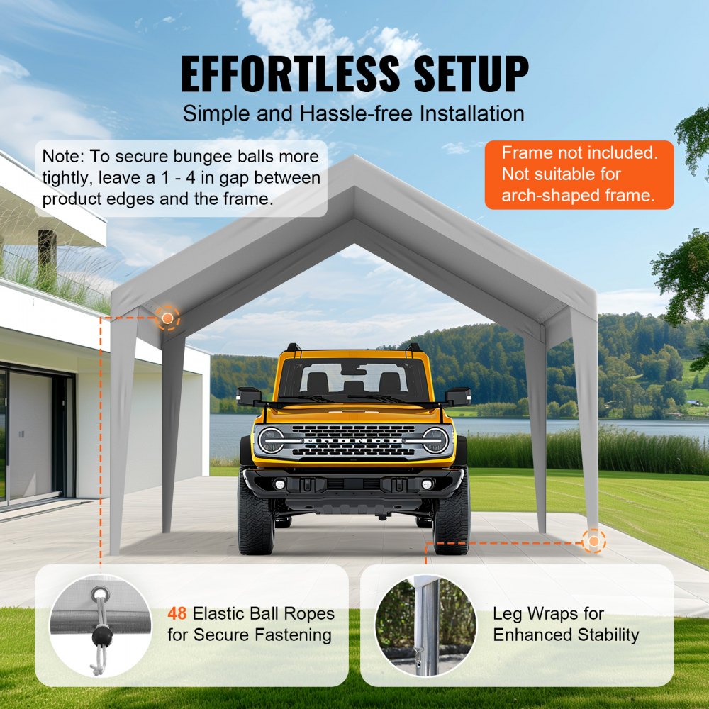 VEVOR Carport Replacement Canopy Cover 12 x 20 ft, Garage Top Tent Shelter Tarp Heavy-Duty Waterproof & UV Protected, Easy Installation with Ball Bungees,Grey (Only Top Cover, Frame Not Include)