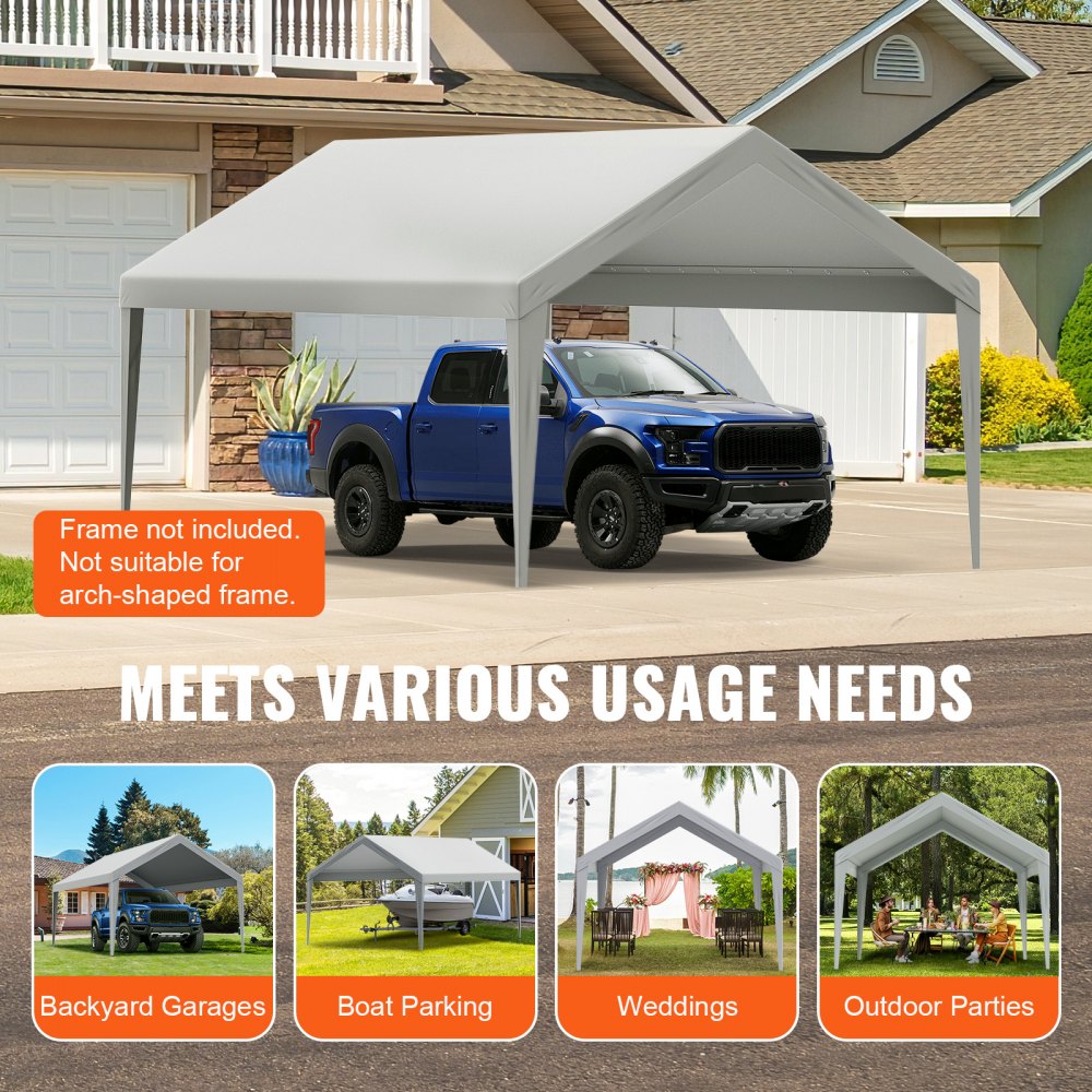 VEVOR Carport Replacement Canopy Cover 12 x 20 ft, Garage Top Tent Shelter Tarp Heavy-Duty Waterproof & UV Protected, Easy Installation with Ball Bungees,Grey (Only Top Cover, Frame Not Include)