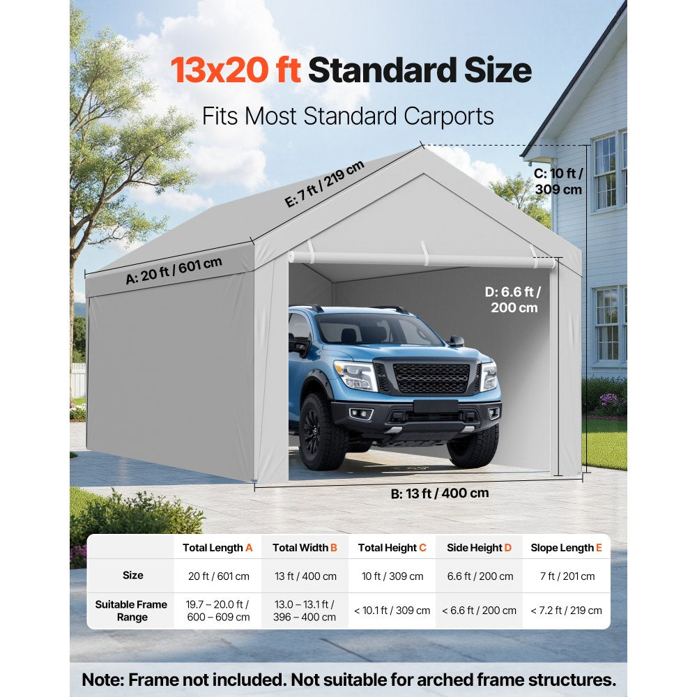 VEVOR Carport Replacement Canopy, 13 x 20 ft Potable Garage Tent Top Tarp with Sidewalls, UV-Resistant & Waterproof, Heavy Duty Car Shelter Tarp with Ball Buggees, Grey, Frame Not Included