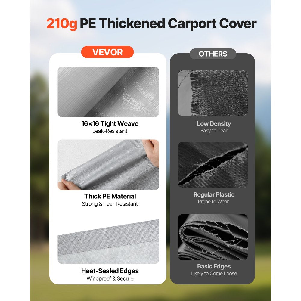 VEVOR Carport Replacement Canopy, 13 x 20 ft Potable Garage Tent Top Tarp with Sidewalls, UV-Resistant & Waterproof, Heavy Duty Car Shelter Tarp with Ball Buggees, Grey, Frame Not Included