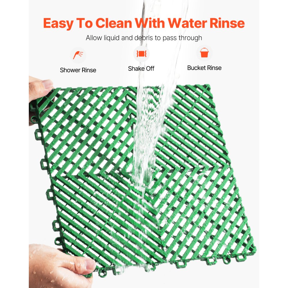 VEVOR Interlocking Drainage Mat, 50 Pcs Modular Interlocking Cushion, 12” x 12” Splicing Drainage Mats, Non-Slip Green PP Drainage Floor Tile and Shower Mat, for Garage, Garden, Kitchen & Outdoor