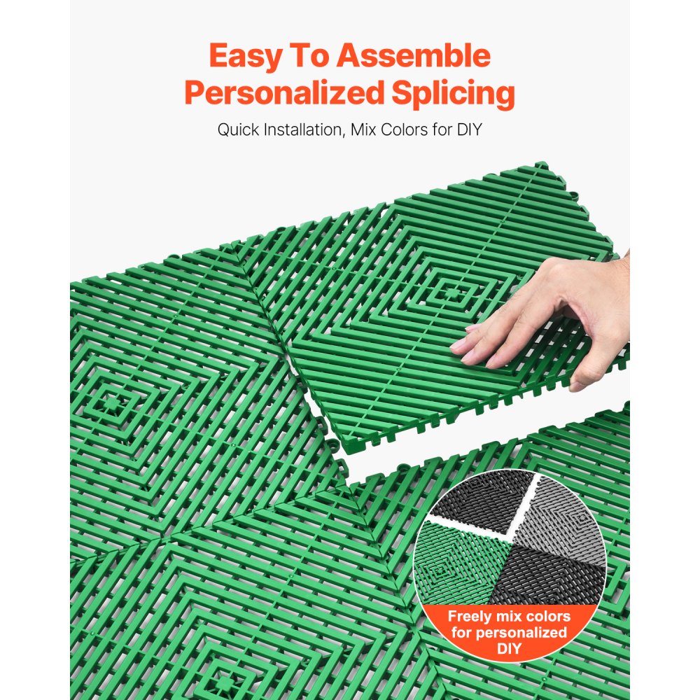 VEVOR Interlocking Drainage Mat, 50 Pcs Modular Interlocking Cushion, 12” x 12” Splicing Drainage Mats, Non-Slip Green PP Drainage Floor Tile and Shower Mat, for Garage, Garden, Kitchen & Outdoor