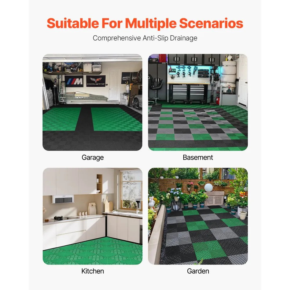 VEVOR Interlocking Drainage Mat, 50 Pcs Modular Interlocking Cushion, 12” x 12” Splicing Drainage Mats, Non-Slip Green PP Drainage Floor Tile and Shower Mat, for Garage, Garden, Kitchen & Outdoor