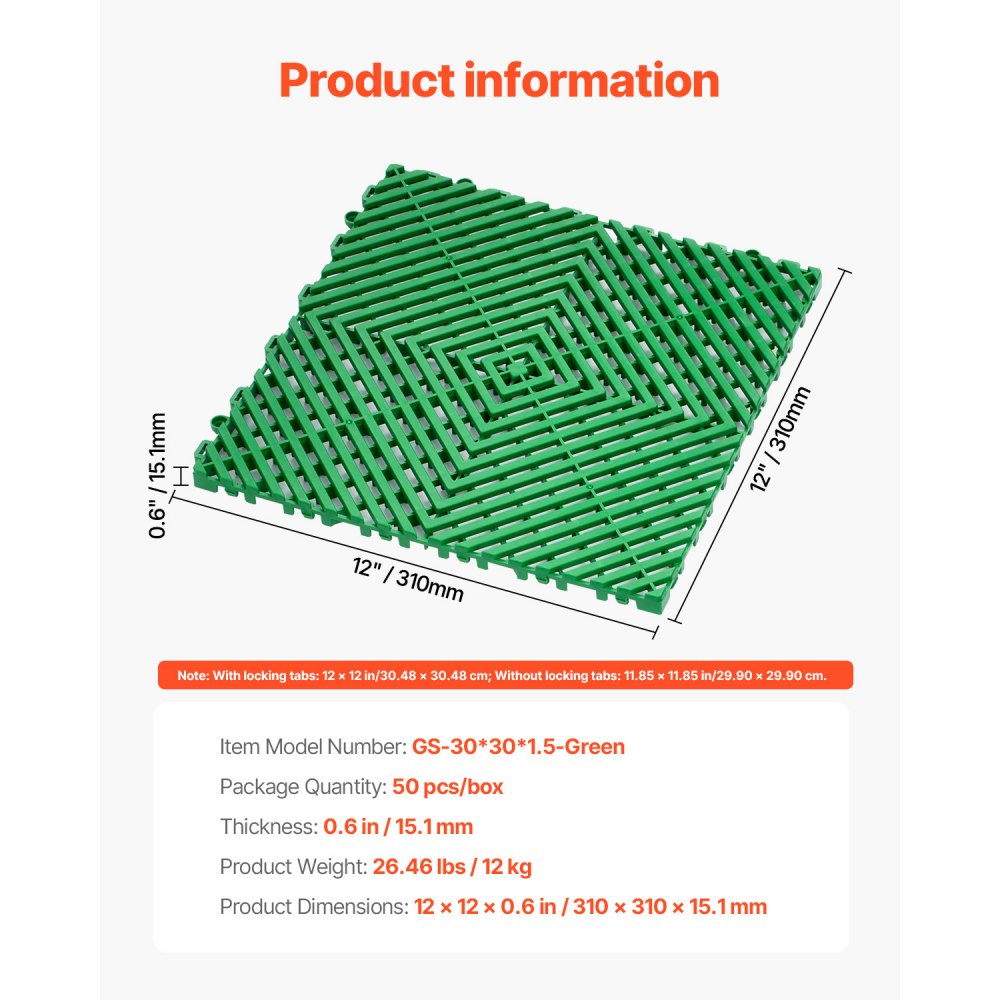 VEVOR Interlocking Drainage Mat, 50 Pcs Modular Interlocking Cushion, 12” x 12” Splicing Drainage Mats, Non-Slip Green PP Drainage Floor Tile and Shower Mat, for Garage, Garden, Kitchen & Outdoor