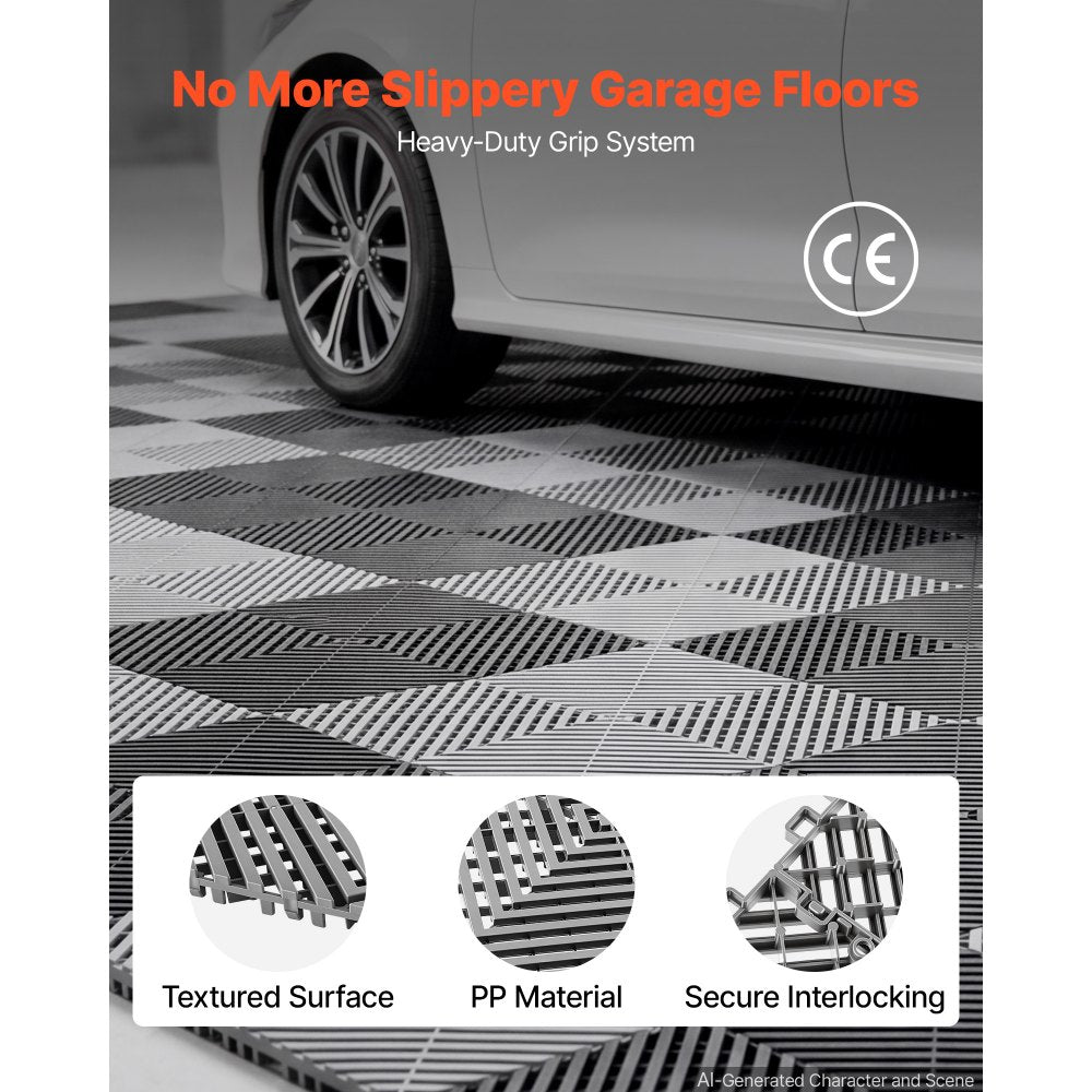 VEVOR Interlocking Drainage Mats 100 Pack 12 x 12 in Dark Gray Floor Tiles, for Garages Basements Car Wash Shops, Non-Slip Heavy-Duty PP Modular Interlocking Cushion, 0.6 in Thickened, Easy to Clean