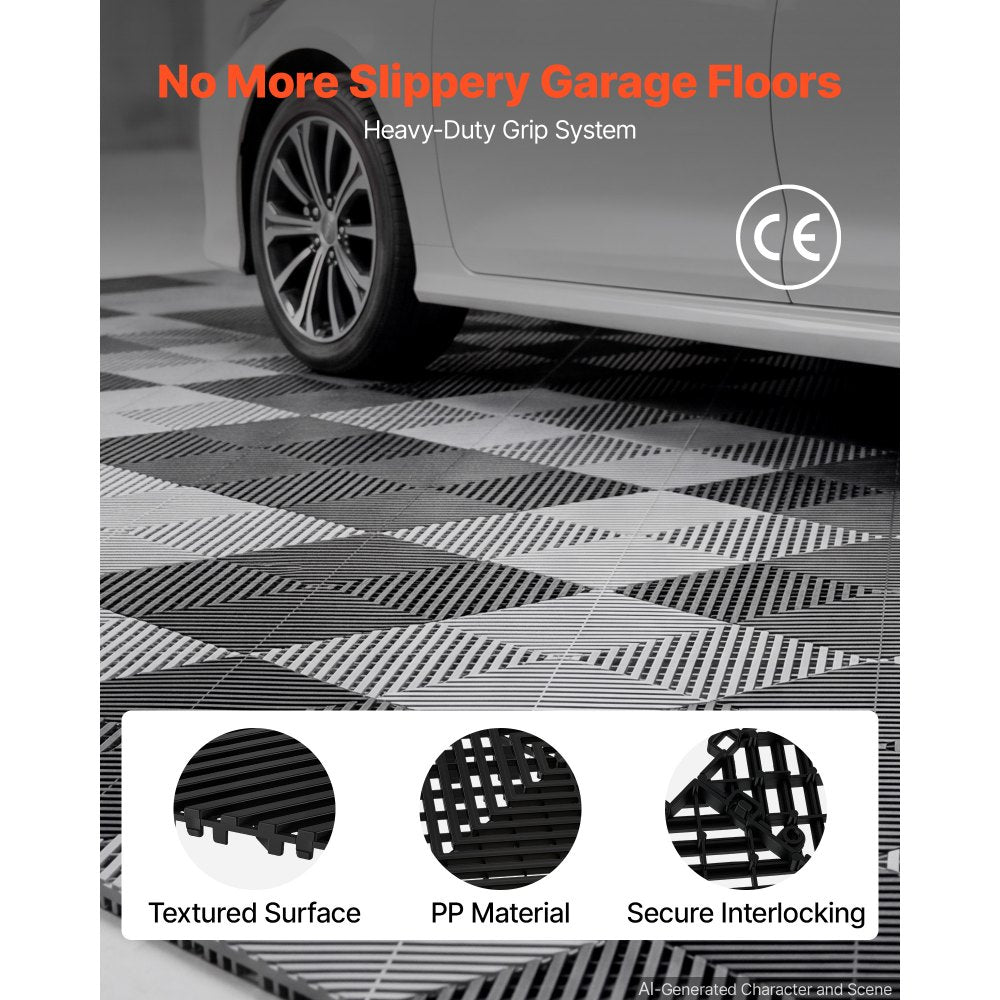 VEVOR Interlocking Drainage Mats 100 Pack 12 x 12 in Black Floor Tiles, for Garages Basements Car Wash Shops, Non-Slip Heavy-Duty PP Modular Interlocking Cushion, 0.6 in Thickened, Easy to Clean