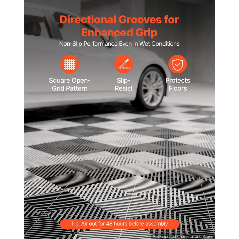 VEVOR Interlocking Drainage Mats 100 Pack 12 x 12 in Black Floor Tiles, for Garages Basements Car Wash Shops, Non-Slip Heavy-Duty PP Modular Interlocking Cushion, 0.6 in Thickened, Easy to Clean