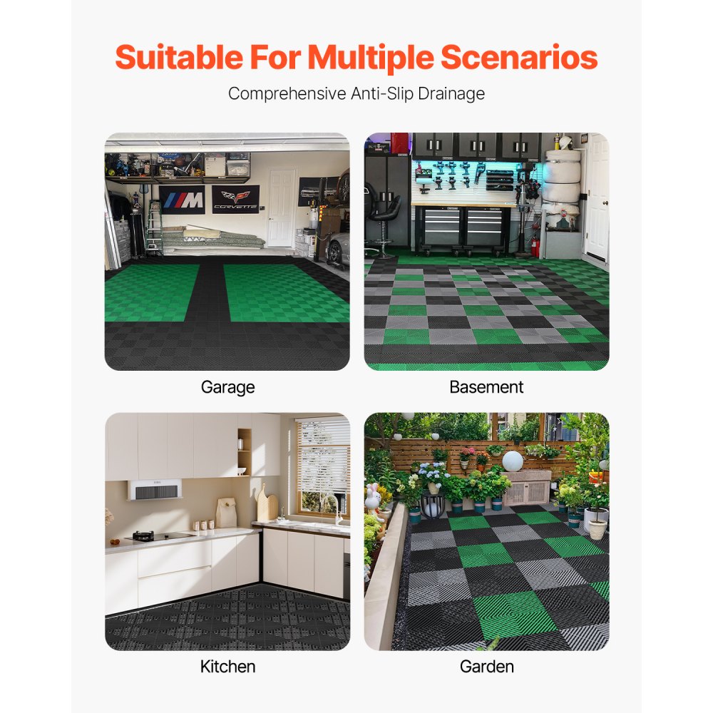 VEVOR Interlocking Drainage Mat, 12” x 12” Modular Interlocking Cushion, 12 Pcs Splicing Drainage Mats, Non-Slip Black PP Drainage Floor Tile and Shower Mat, for Garage, Garden, Kitchen & Outdoor