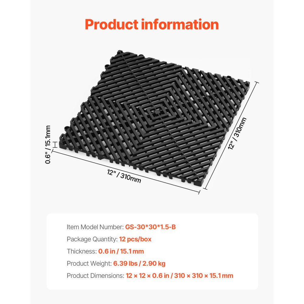 VEVOR Interlocking Drainage Mat, 12” x 12” Modular Interlocking Cushion, 12 Pcs Splicing Drainage Mats, Non-Slip Black PP Drainage Floor Tile and Shower Mat, for Garage, Garden, Kitchen & Outdoor