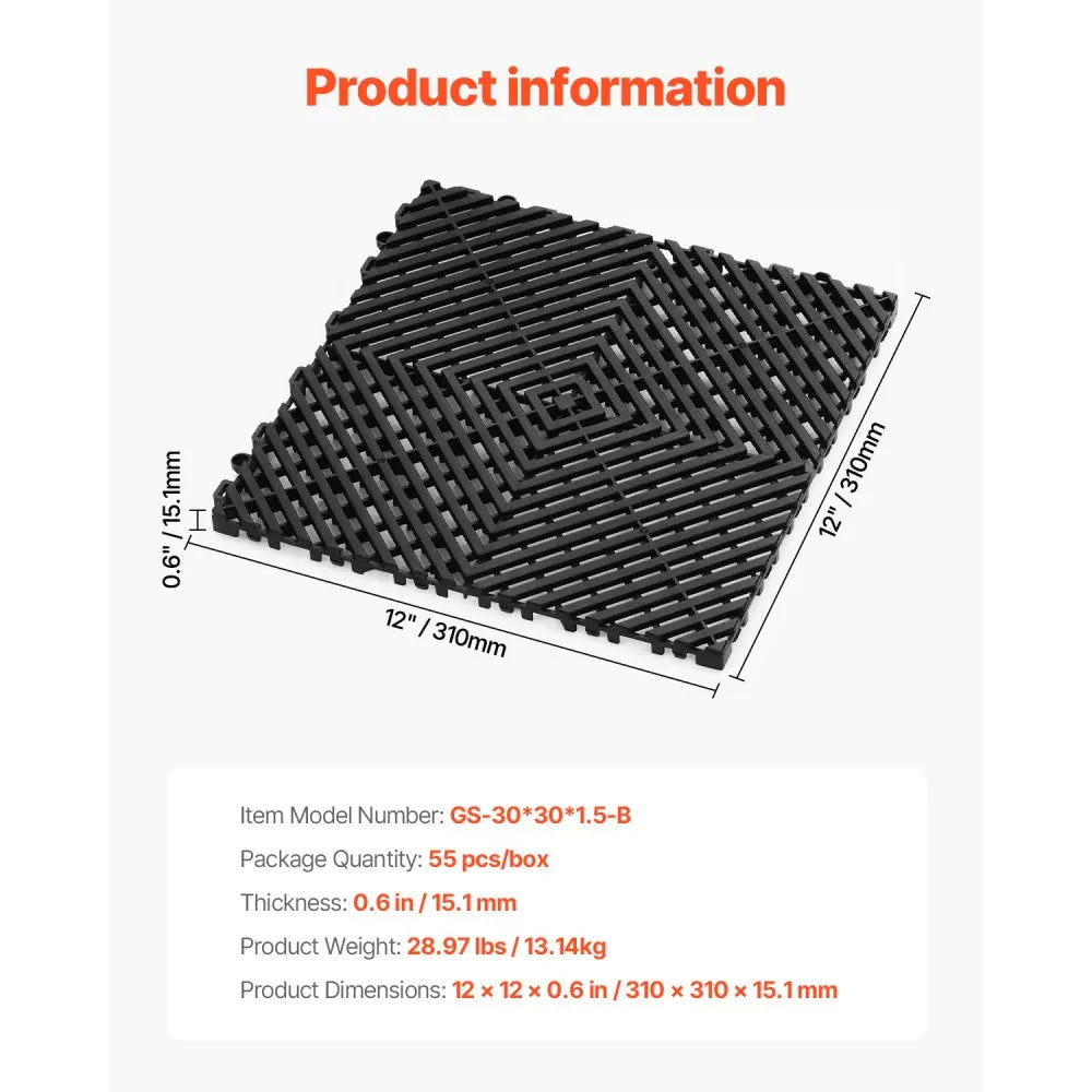 VEVOR Interlocking Drainage Mat, 12” x 12” Modular Interlocking Cushion, 55 Pcs Splicing Drainage Mats, Non-Slip Black PP Drainage Floor Tile and Shower Mat, for Garage, Garden, Kitchen & Outdoor
