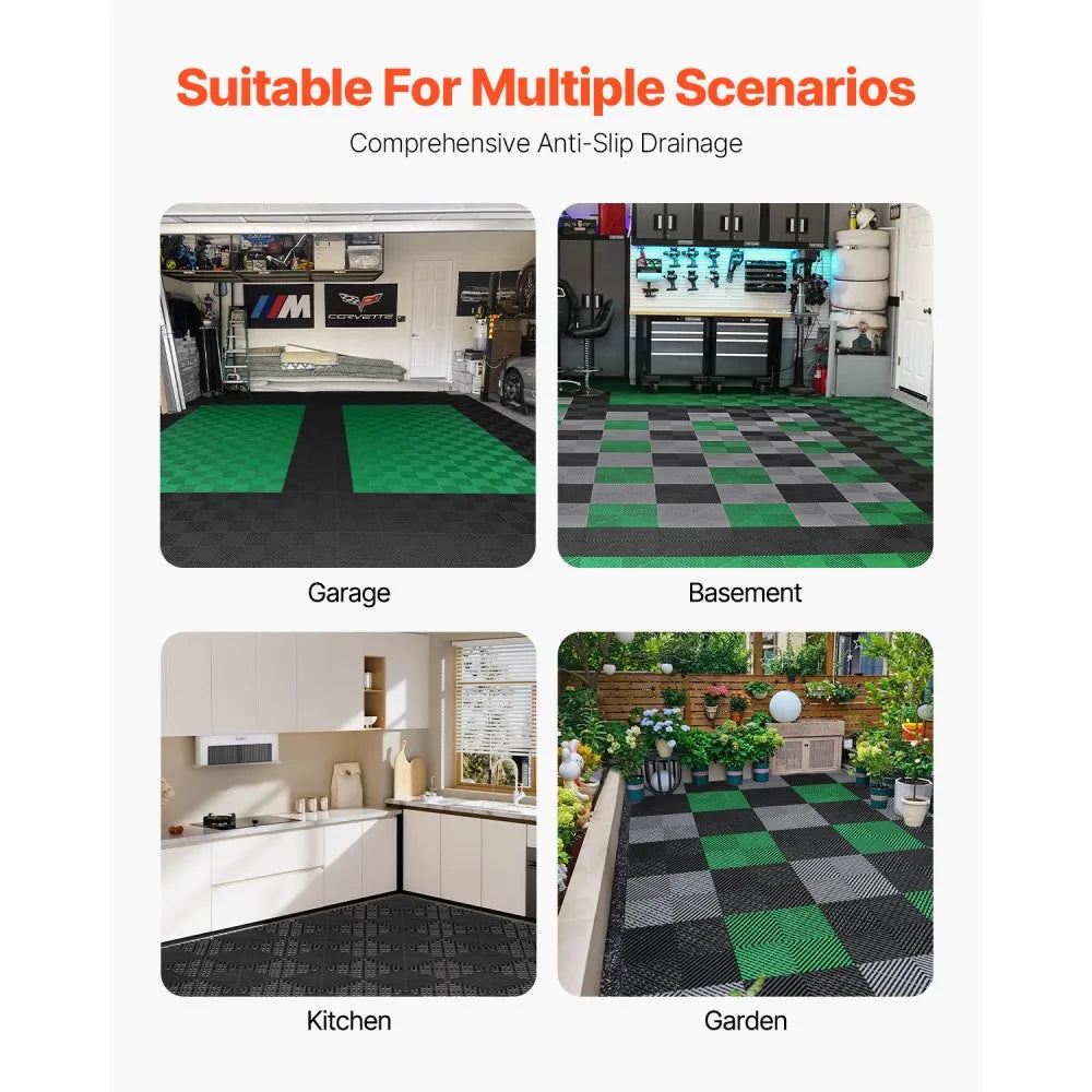 VEVOR Interlocking Drainage Mat, 12” x 12” Modular Interlocking Cushion, 24 Pcs Splicing Drainage Mats, Non-Slip Black PP Drainage Floor Tile and Shower Mat, for Garage, Garden, Kitchen & Outdoor
