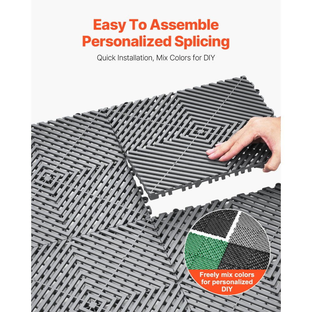 VEVOR Interlocking Drainage Mat, 12” x 12” Modular Interlocking Cushion, 12 Pcs Splicing Drainage Mats, Non-Slip Gray PP Drainage Floor Tile and Shower Mat, for Garage, Garden, Kitchen & Outdoor