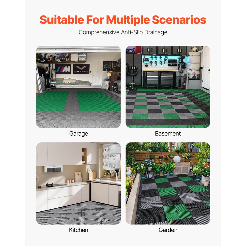 VEVOR Interlocking Drainage Mat, 12” x 12” Modular Interlocking Cushion, 12 Pcs Splicing Drainage Mats, Non-Slip Gray PP Drainage Floor Tile and Shower Mat, for Garage, Garden, Kitchen & Outdoor
