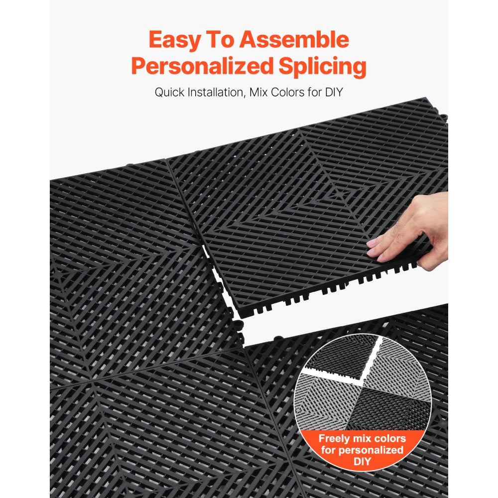 VEVOR Interlocking Drainage Mat, 15.7” x 15.7” Modular Interlocking Cushion, 24 Pcs Splicing Drainage Mats, Non-Slip Black PP Drainage Floor Tile and Shower Mat, for Garage, Garden, Kitchen & Outdoor
