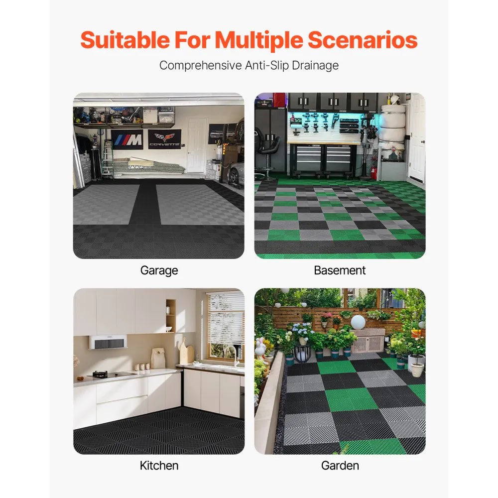 VEVOR Interlocking Drainage Mat, 15.7” x 15.7” Modular Interlocking Cushion, 24 Pcs Splicing Drainage Mats, Non-Slip Black PP Drainage Floor Tile and Shower Mat, for Garage, Garden, Kitchen & Outdoor