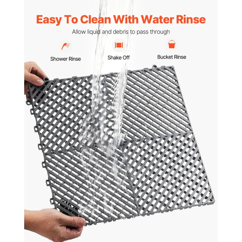 VEVOR Interlocking Drainage Mat, 15.7” x 15.7” Modular Interlocking Cushion, 24 Pcs Splicing Drainage Mats, Non-Slip Gray PP Drainage Floor Tile and Shower Mat, for Garage, Garden, Kitchen & Outdoor
