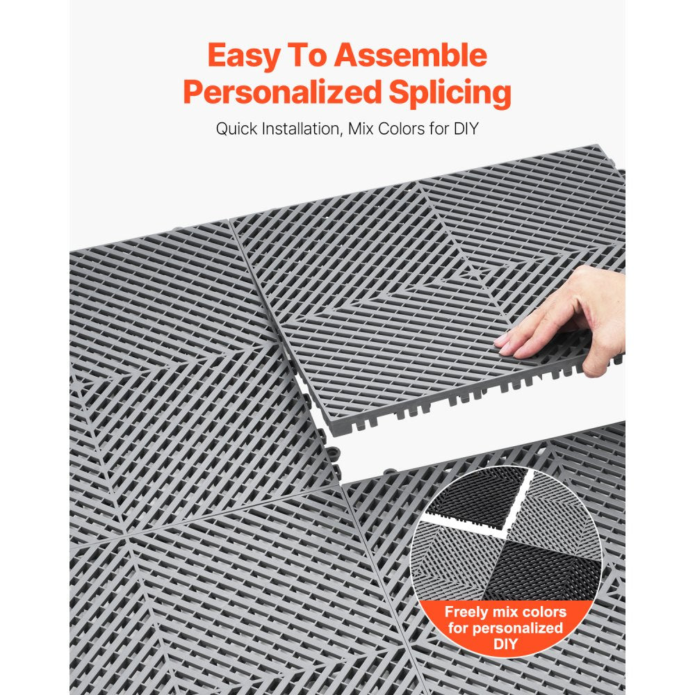 VEVOR Interlocking Drainage Mat, 15.7” x 15.7” Modular Interlocking Cushion, 24 Pcs Splicing Drainage Mats, Non-Slip Gray PP Drainage Floor Tile and Shower Mat, for Garage, Garden, Kitchen & Outdoor