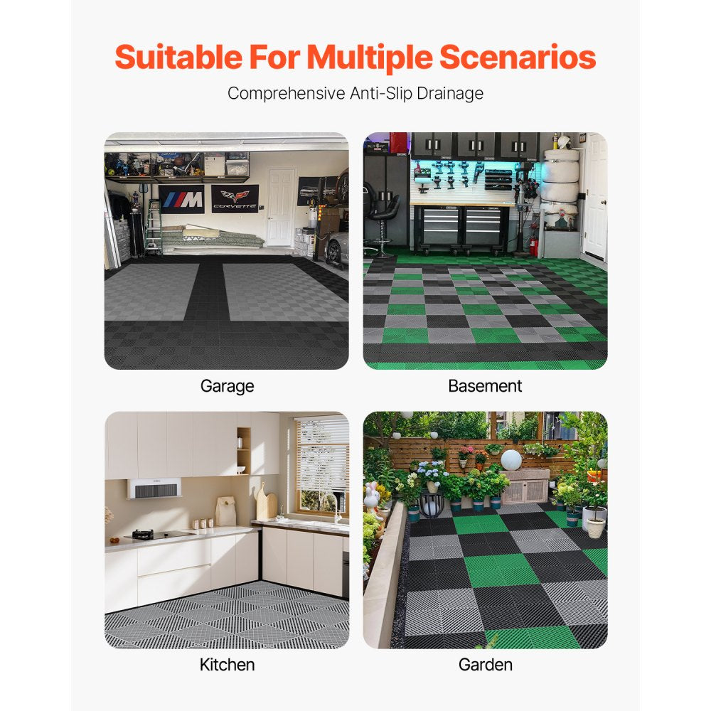 VEVOR Interlocking Drainage Mat, 15.7” x 15.7” Modular Interlocking Cushion, 24 Pcs Splicing Drainage Mats, Non-Slip Gray PP Drainage Floor Tile and Shower Mat, for Garage, Garden, Kitchen & Outdoor