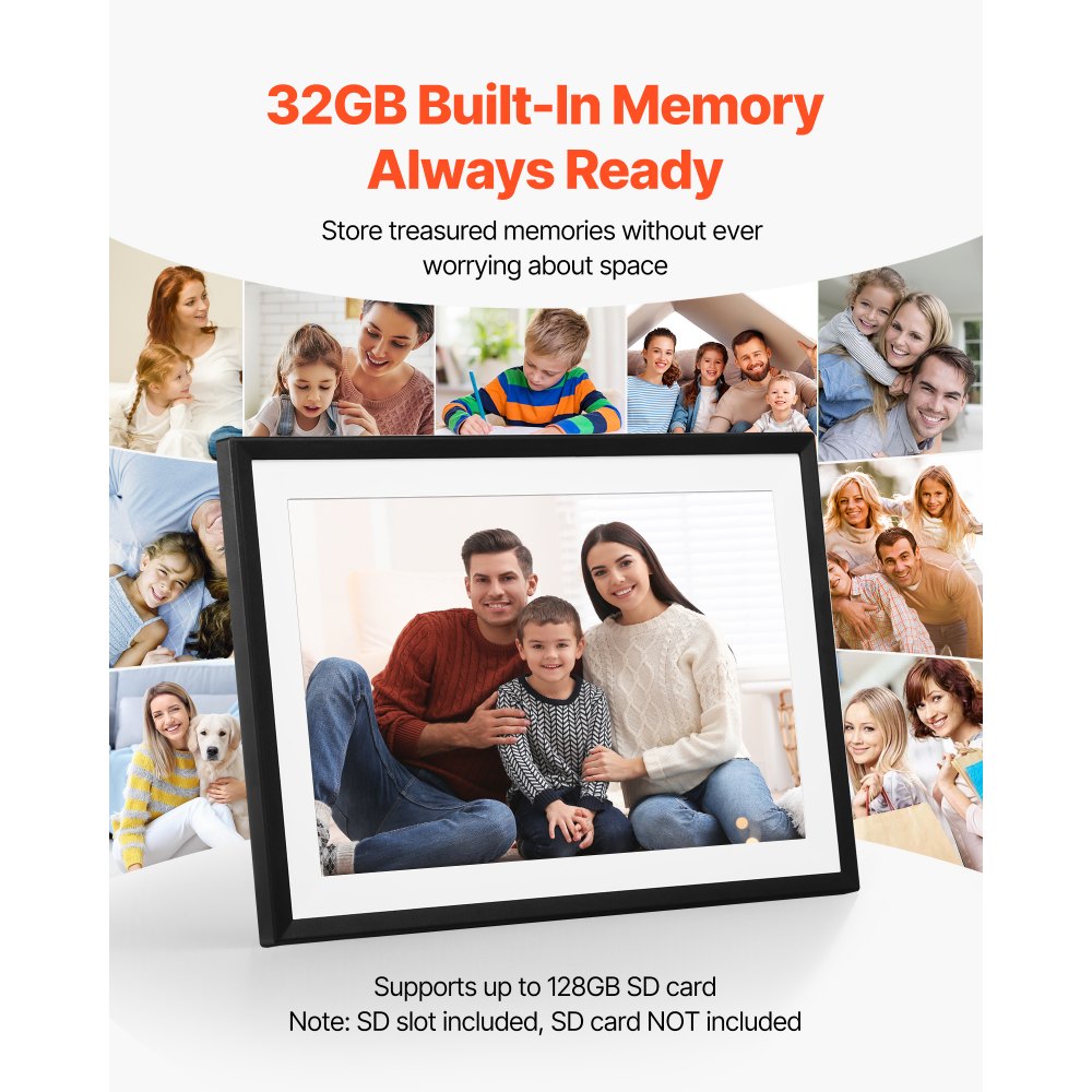 VEVOR Digital Picture Frame 10.1 Inch, 1280x800 HD IPS Touch Screen Electronic Photo Frame, 32GB Memory, Auto-Rotate Portrait and Landscape, Share Photos/Videos Instantly via App, for Parents Friends
